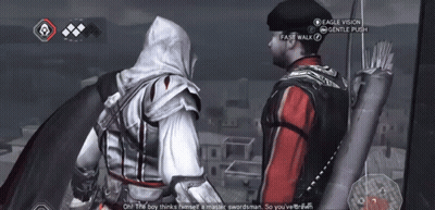 A Screenshot Of A Video Game Shows A Man Talking To Another Man GIF