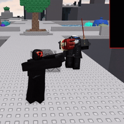 a screenshot of a video game shows a person holding a sword and another person holding a gun