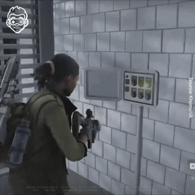 A Screenshot Of A Video Game Shows A Woman Holding A Gun In Front Of A Sign That Says Source Kromotik GIF