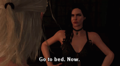A Screenshot Of A Video Game Shows A Woman Saying " Go To Bed Now " GIF