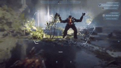 A Screenshot Of A Video Game Shows An Ancient Guardian And A Poison Source GIF