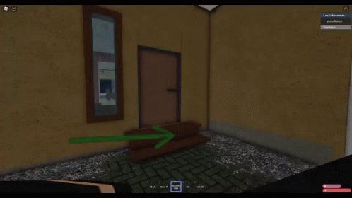 A Screenshot Of A Video Game Shows An Open Door With A Green Arrow Pointing To It GIF