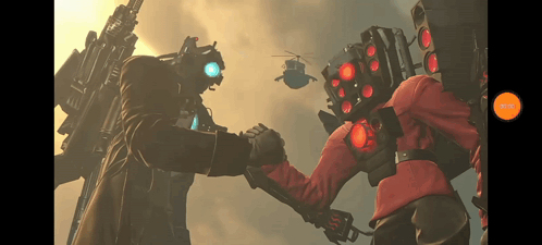 A Screenshot Of A Video Game Shows Two Soldiers Shaking Hands And A Helicopter In The Background GIF