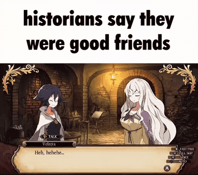 A Screenshot Of A Video Game That Says ' Historians Say They Were Good Friends ' On The Bottom GIF