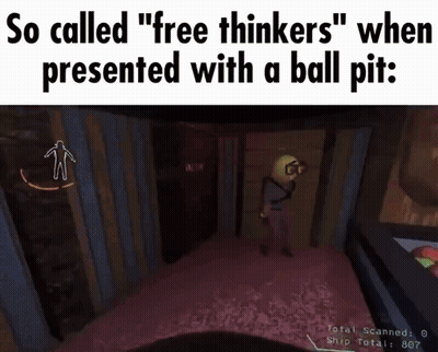 A Screenshot Of A Video Game That Says " So Called Free Thinkers " When Presented With A Ball Pit GIF