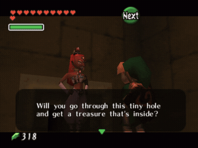 A Screenshot Of A Video Game That Says " Will You Go Through This Tiny Hole And Get A Treasure Thats Inside " GIF