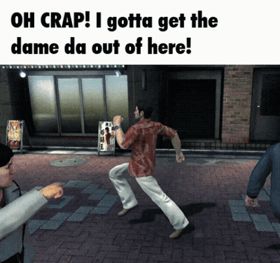 A Screenshot Of A Video Game With A Caption That Says Oh Crap I Gotta Get The Dame Da Out Of Here GIF