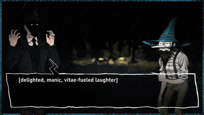 A Screenshot Of A Video Game With A Man In A Wizard Hat Saying " Delighted Manic Vitae-Fueled Laughter " GIF