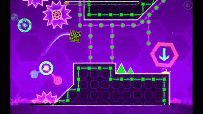 A Screenshot Of A Video Game With A Purple Background And A Green Arrow . GIF