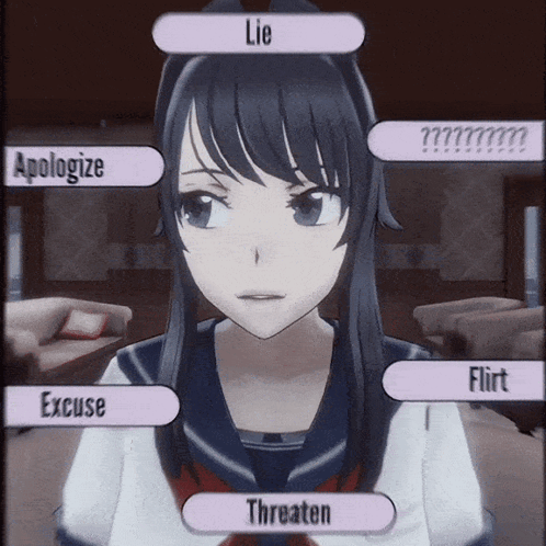 A Screenshot Of A Video Game With Buttons For Apologize Lie Excuse Flirt And Threaten GIF