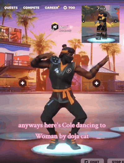 a screenshot of a video game with the caption " anyways here 's cole dancing to woman by doja cat " on it