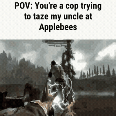 a screenshot of a video game with the caption " you 're a cop trying to taze my uncle at applebees