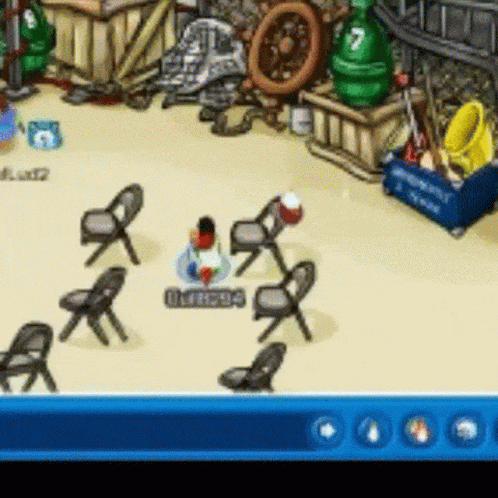 A Screenshot Of A Video Game With The Number 7 On The Green Bottle Behind The Chairs GIF