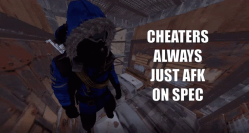 A Screenshot Of A Video Game With The Words Cheaters Always Just Afk On Spec GIF