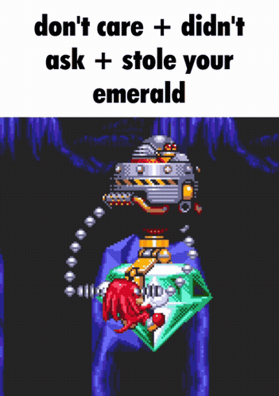 A Screenshot Of A Video Game With The Words " Don T Care + Didn T Ask + Stole Your Emerald " GIF