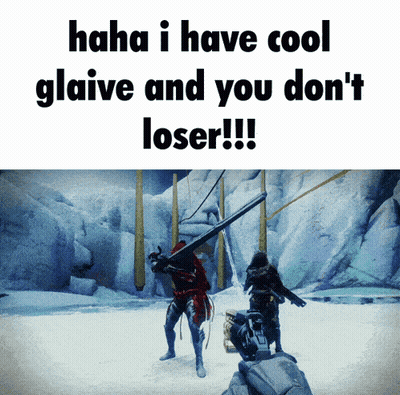 A Screenshot Of A Video Game With The Words " Haha I Have Cool Glaive And You Don 'T Loser !!! " GIF