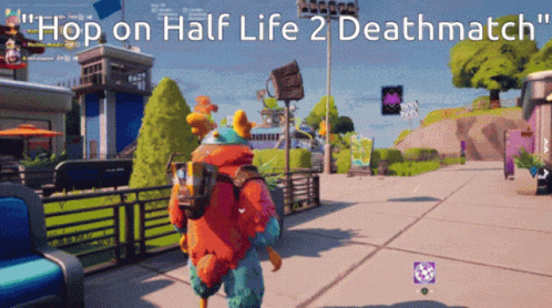 A Screenshot Of A Video Game With The Words " Hop On Half Life 2 Deathmatch " GIF