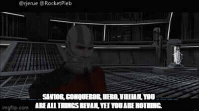 A Screenshot Of A Video Game With The Words " Savior Conqueror Hero Villian You Are All Things Revan Yet You Are Nothing GIF