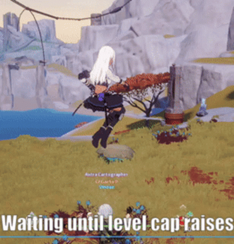 A Screenshot Of A Video Game With The Words " Waiting Until Level Cap Raises " At The Bottom GIF