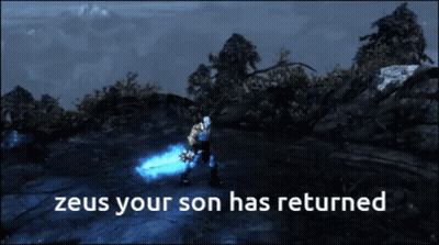 A Screenshot Of A Video Game With The Words Zeus Your Son Has Returned At The Bottom GIF
