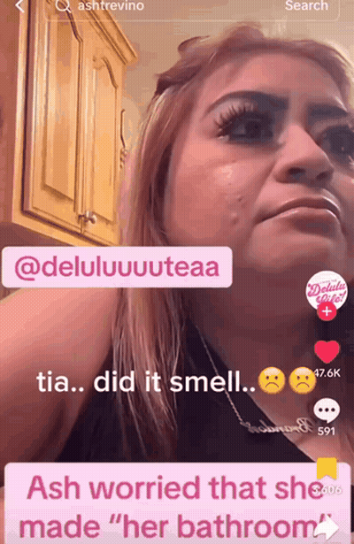 A Screenshot Of A Woman 'S Face With The Words " Ash Worried That She Made " Her Bathroom " GIF