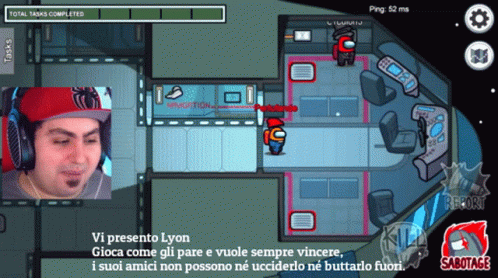 A Screenshot Of Among Us Shows A Man Wearing A Red Hat And Headphones GIF