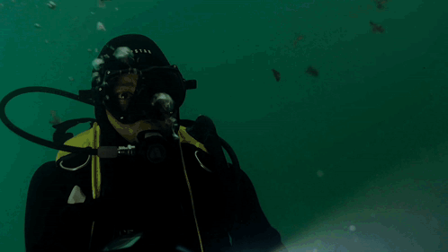 A Scuba Diver Is Holding A Flashlight While Swimming GIF