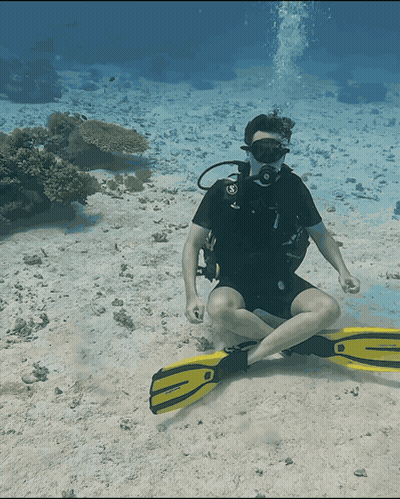 A Scuba Diver Wearing A Black Shirt And Black Shorts Is Sitting On The Sand GIF