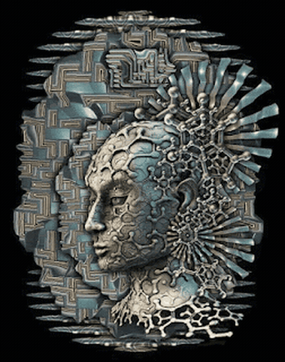 A Sculpture Of A Woman 'S Face Is Surrounded By A Maze Pattern GIF