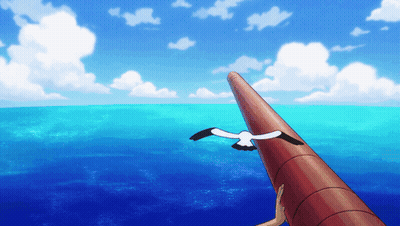 A Seagull Is Flying Over A Body Of Water With A Red Pipe In The Foreground GIF