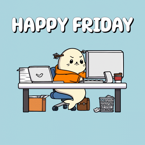 A Seal Sits At A Desk In Front Of A Computer With The Words Happy Friday Above Him GIF