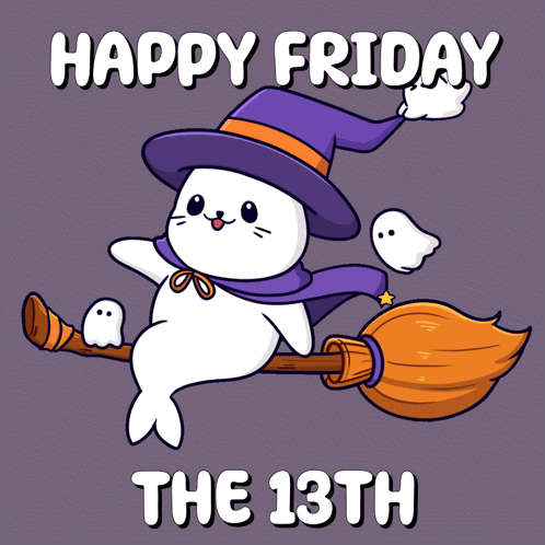 A Seal Wearing A Witch Hat Is Flying On A Broom With Ghosts Behind It And The Text Happy Friday The 13Th GIF