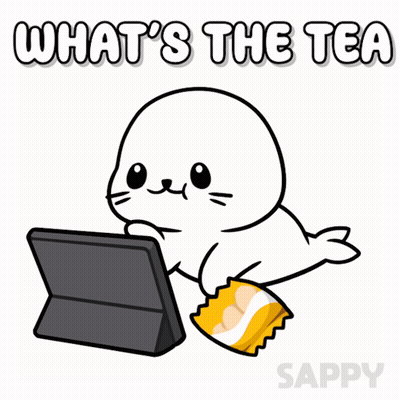 A Seal With A Bag Of Chips Is Sitting In Front Of A Tablet With The Words What 'S The Tea Written Above It GIF