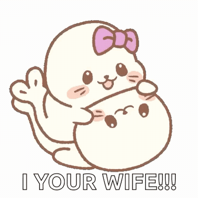 A Seal With A Bow On Its Head Is Hugging Another Seal With The Words `` I Your Wife '' Written Below It . GIF