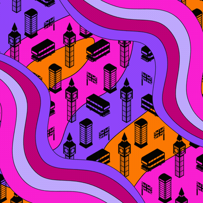 A Seamless Pattern Of British Buildings And Buses On A Pink And Purple Background GIF