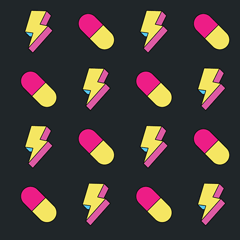A Seamless Pattern Of Pills And Lightning Bolts On A Dark Background GIF
