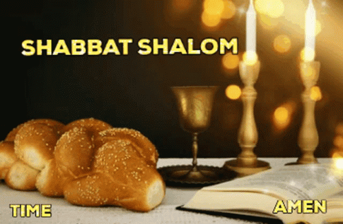 A Shabbat Shalom Greeting Card With Bread Candles And A Bible GIF