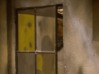 A Shadow Of A Person Is Cast On A Wall Behind A Glass Door GIF
