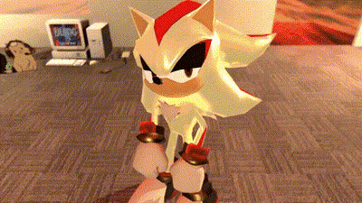 A Shadow The Hedgehog Is Standing In Front Of A Computer In A Room GIF