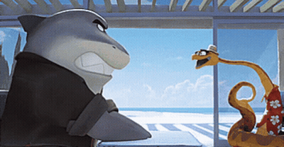 A Shark And A Snake Are Standing Next To Each Other In Front Of A Window GIF