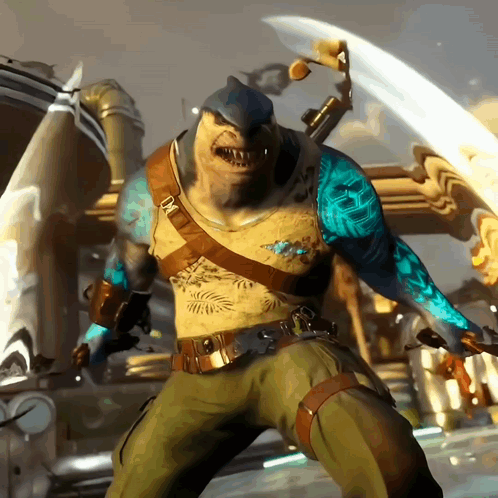 A Shark Holding A Sword And A Sword With The Letter D On It GIF