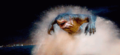 A Shark Is Jumping Out Of The Water With A City In The Background GIF