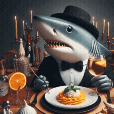 A Shark Is Sitting At A Table With A Plate Of Food GIF