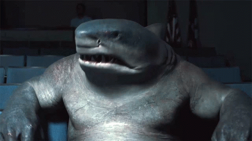 A Shark Is Sitting In A Dark Room With A Man Behind It GIF