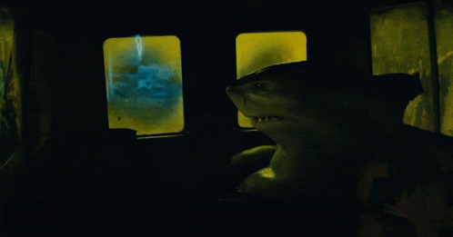 A Shark Is Sitting In A Dark Room With A Yellow Window GIF