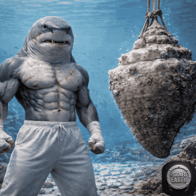A Shark Is Standing Next To A Large Conch Shell That Is Hanging From Ropes GIF