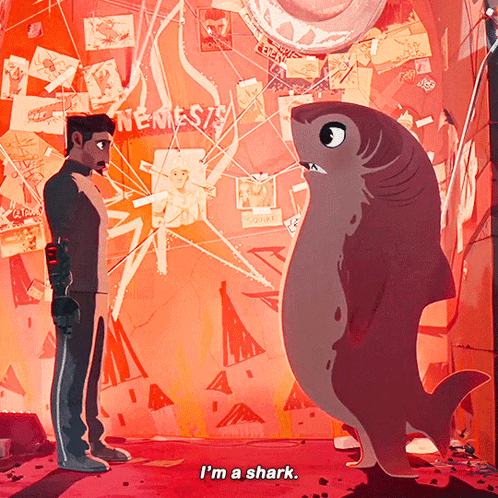 A Shark Is Standing Next To A Man In Front Of A Wall That Says Nemesis GIF