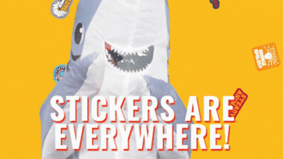 A Shark Is Surrounded By Stickers That Say Stickers Are Everywhere On A Yellow Background GIF