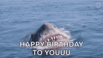 A Shark Is Swimming In The Ocean With Its Mouth Open And The Words `` Happy Birthday To Youuu '' Written On It . GIF