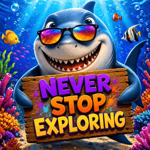 A Shark With Sunglasses Is Holding A Sign That Says Never Stop Exploring GIF